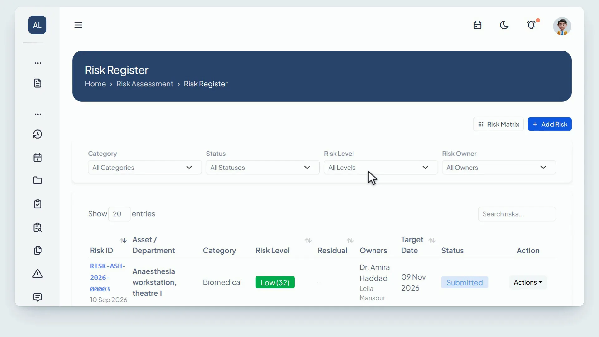 A risk raised in NextHealth Flow against an ICU infusion pump, scored live from asset value, probability and impact, given an owner, a mitigation owner and a target date, approved through review, and shown on the risk matrix