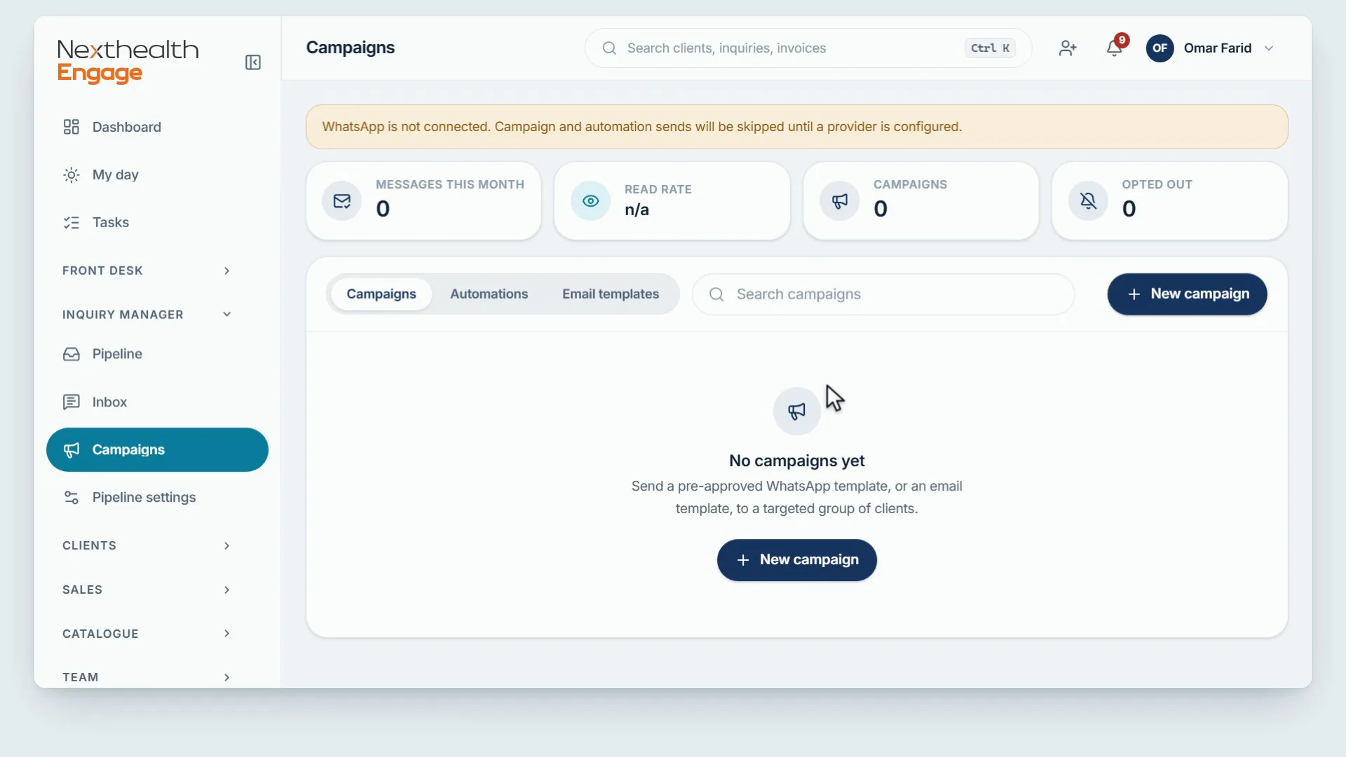 A manager writing a personalised email template, scheduling a campaign to clients who had laser hair removal, and viewing the automations for reminders and recall