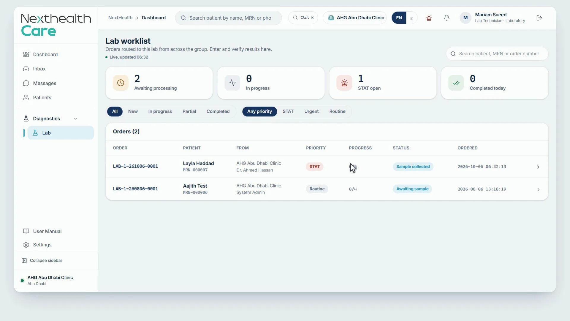 Review a specimen worklist and complete authorised result verification.