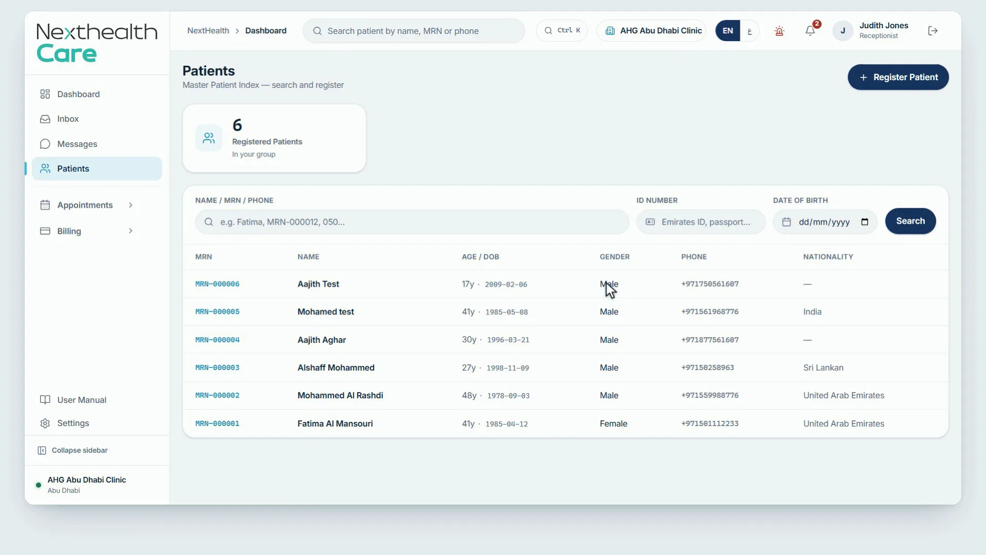 Search for an existing patient, review identity details and continue with the connected record.